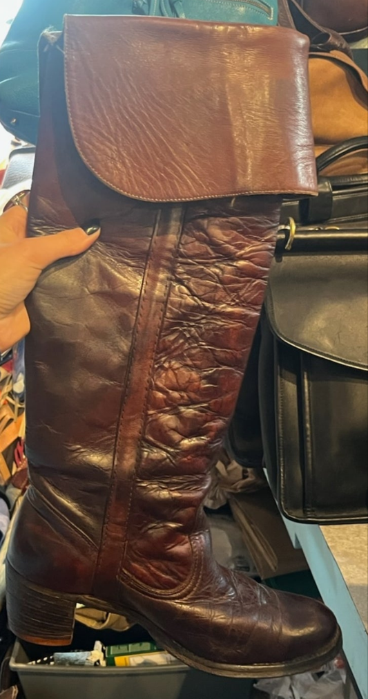 Vintage Frye Mahogany Tall Leather Boots with Fold Over Top, Made in USA, Size US Womens 8, EUR 38 SOLD
