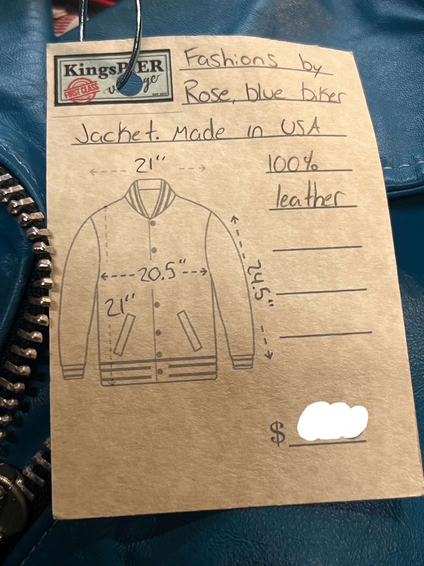 Vintage Fashions by Rose Teal Blue Leather Moto Jacket, Made in USA, Size 12