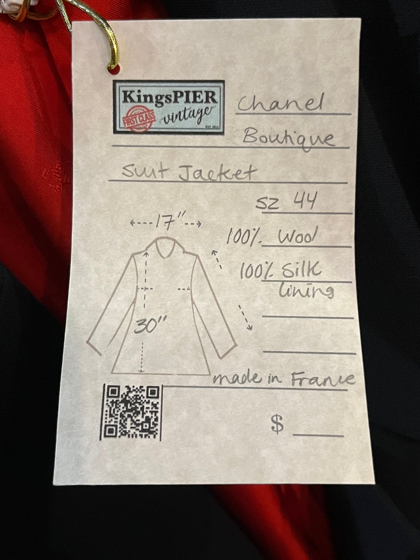 Vintage Chanel Boutique Double Breasted Navy Wool suit jacket, Made in France, Size 44