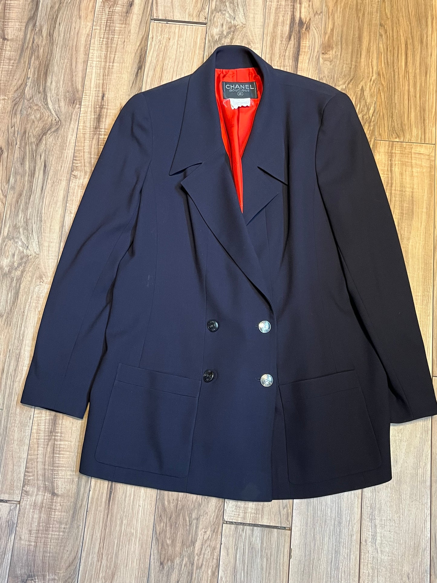 Vintage Chanel Boutique Double Breasted Navy Wool suit jacket, Made in France, Size 44