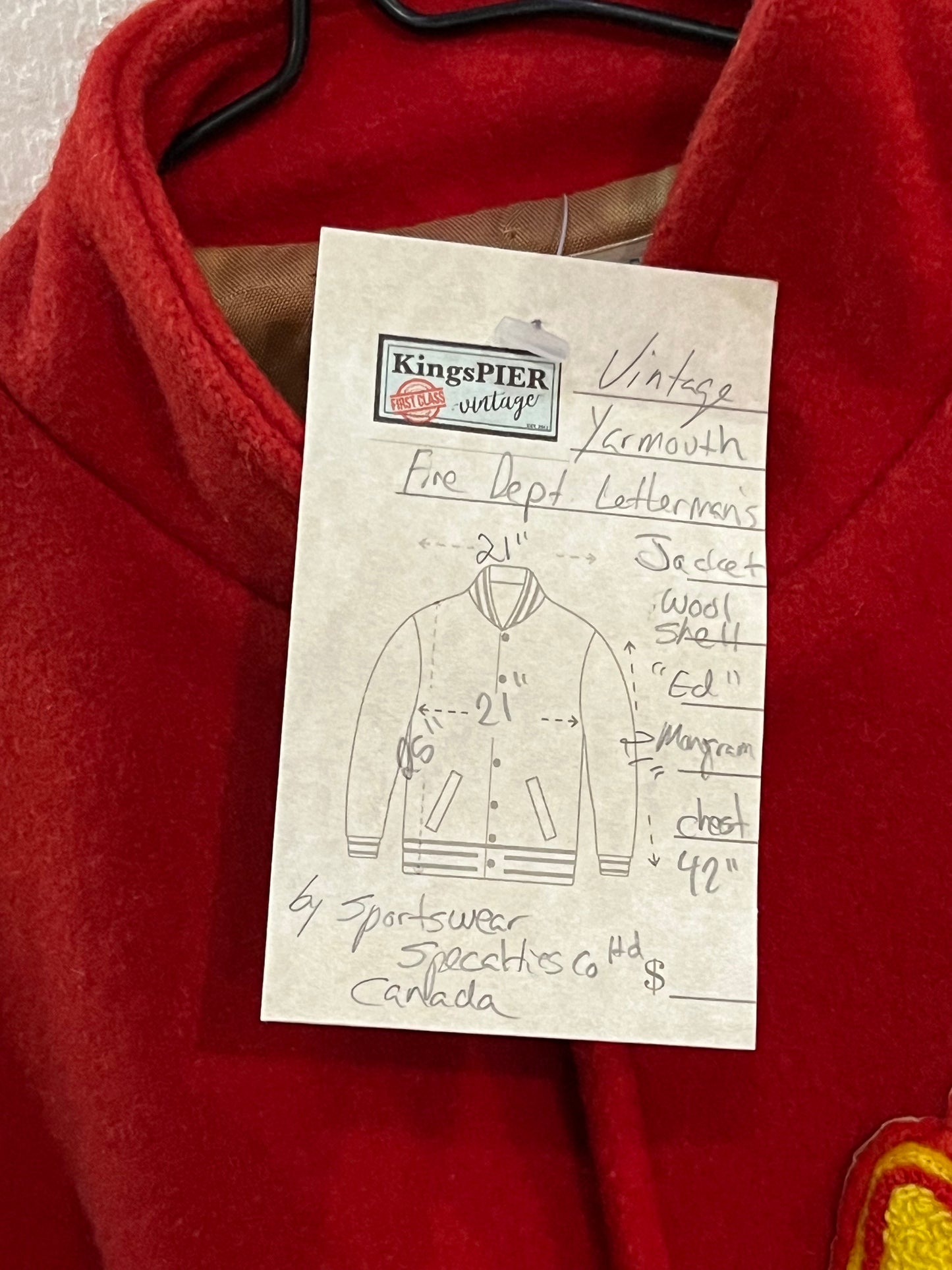 Vintage Yarmouth Fire Department Red Letterman’s Jacket, Made in Canada, Chest 42”