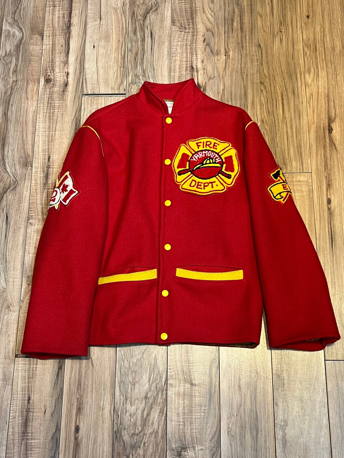 Vintage Yarmouth Fire Department Red Letterman’s Jacket, Made in Canada, Chest 42”