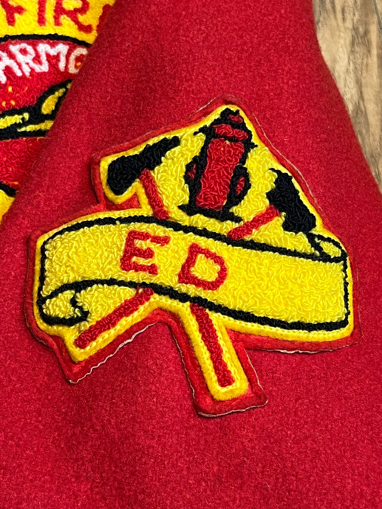 Vintage Yarmouth Fire Department Red Letterman’s Jacket, Made in Canada, Chest 42”
