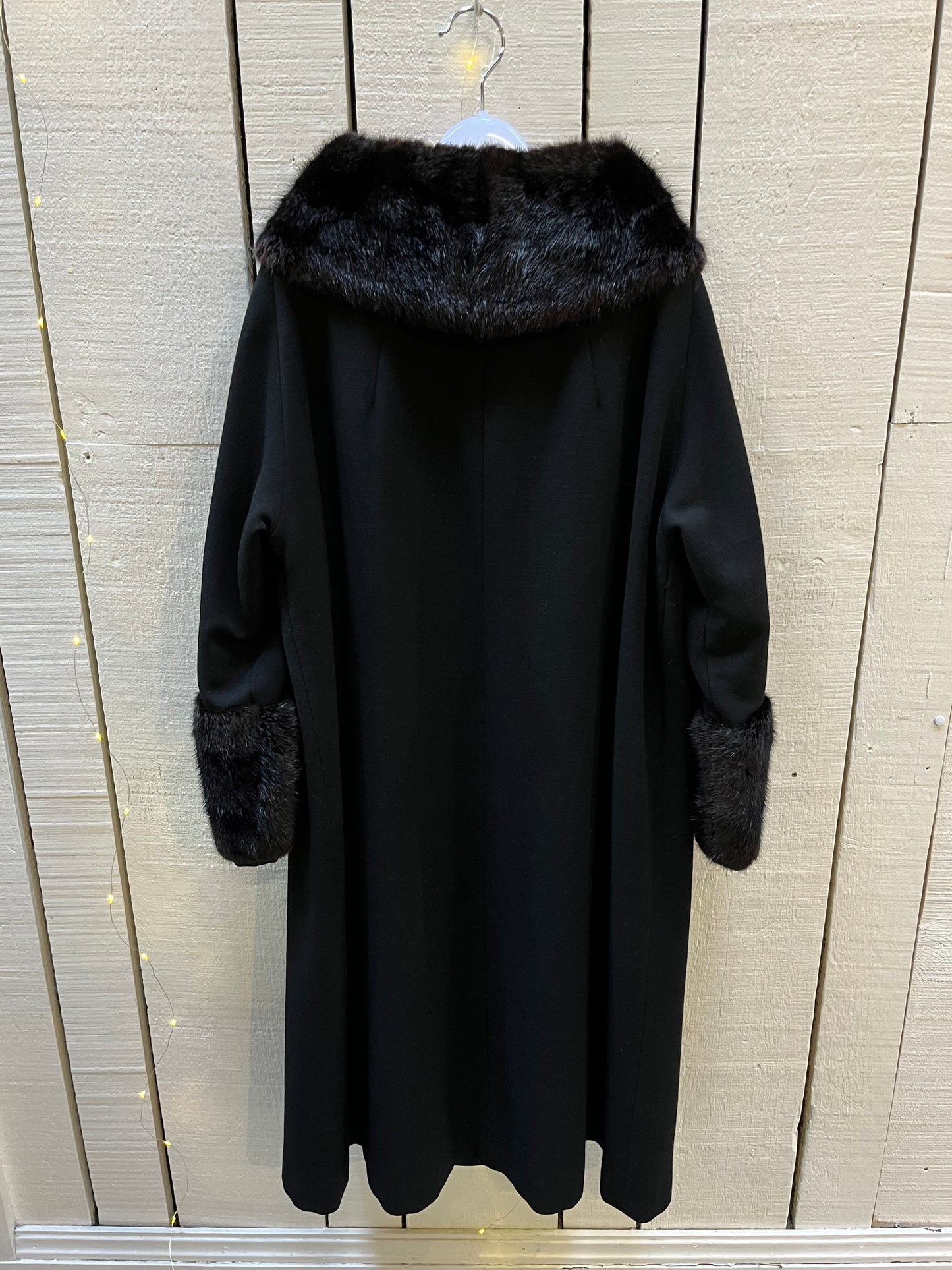 Vintage 1940’s Black Wool Coat with Dark Brown Fur Trim, Chest 44” SOLD