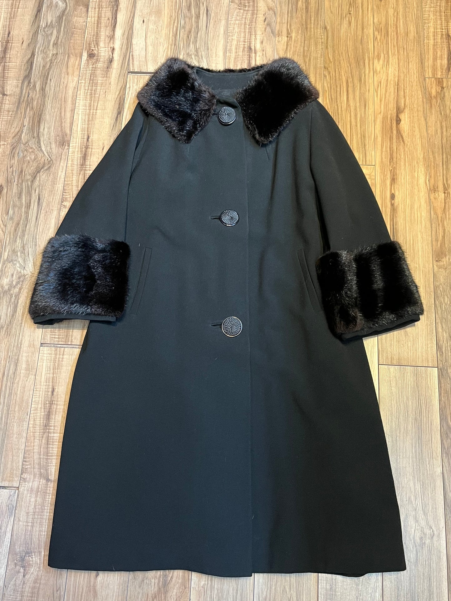 Vintage 1940’s Black Wool Coat with Dark Brown Fur Trim, Chest 44” SOLD