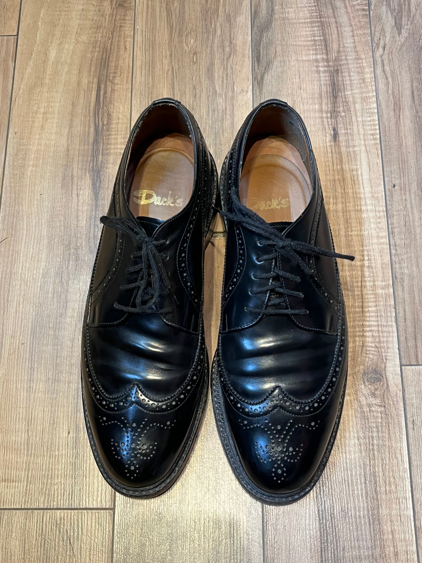 Vintage Deadstock Dacks Black Leather Wingtip Derby Shoes, Made in Canada, Size US Mens 10, EUR 43, Sold