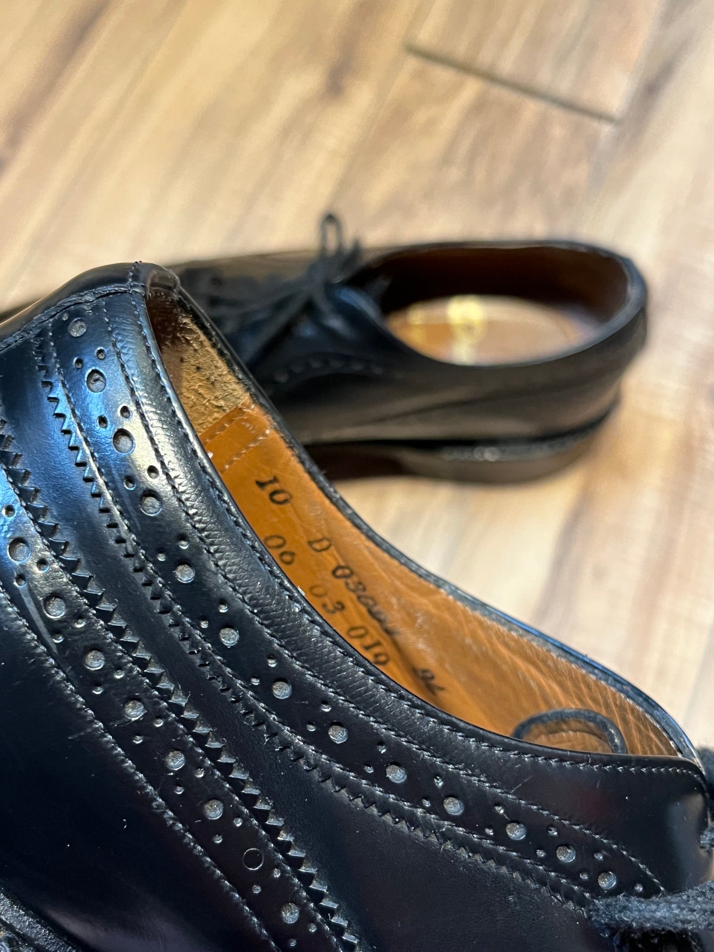 Vintage Deadstock Dacks Black Leather Wingtip Derby Shoes, Made in Canada, Size US Mens 10, EUR 43, Sold
