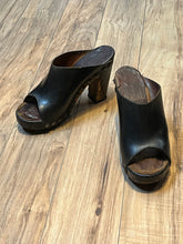 Load image into Gallery viewer, Vintage 1960s Black Tacked Clogs with Wooden Heel, Size US Womens 7, EUR 38 SOLD
