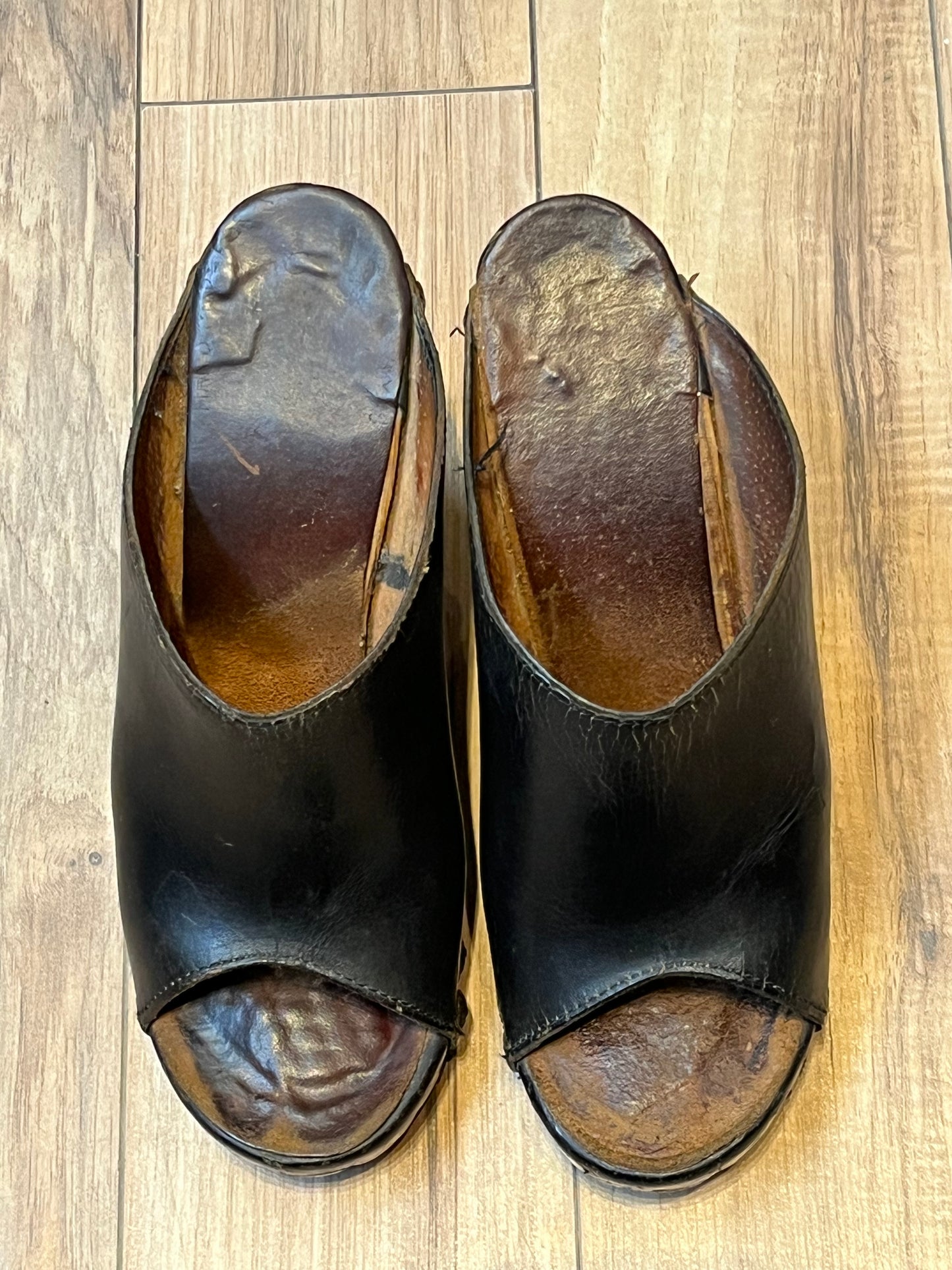 Vintage 1960s Black Tacked Clogs with Wooden Heel, Size US Womens 7, EUR 38 SOLD