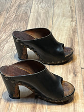 Load image into Gallery viewer, Vintage 1960s Black Tacked Clogs with Wooden Heel, Size US Womens 7, EUR 38 SOLD
