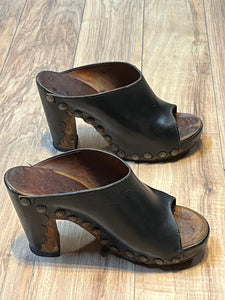 Vintage 1960s Black Tacked Clogs with Wooden Heel, Size US Womens 7, EUR 38 SOLD