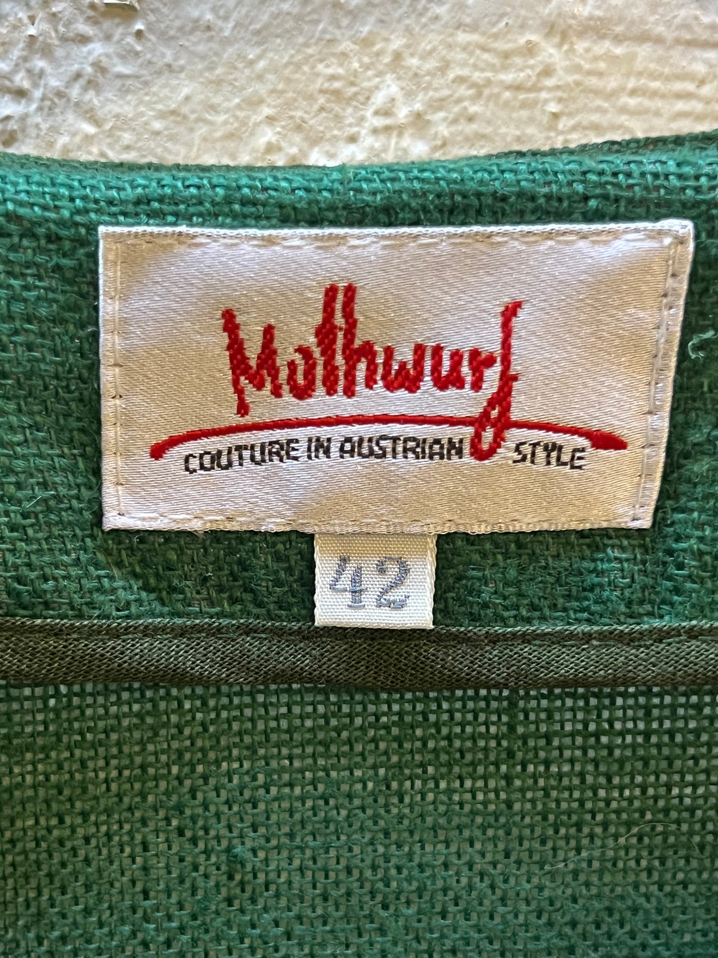 Very Rare Vintage Mothwurf Couture Green Linen 2pc Ensemble, Made in Austria, Size 42