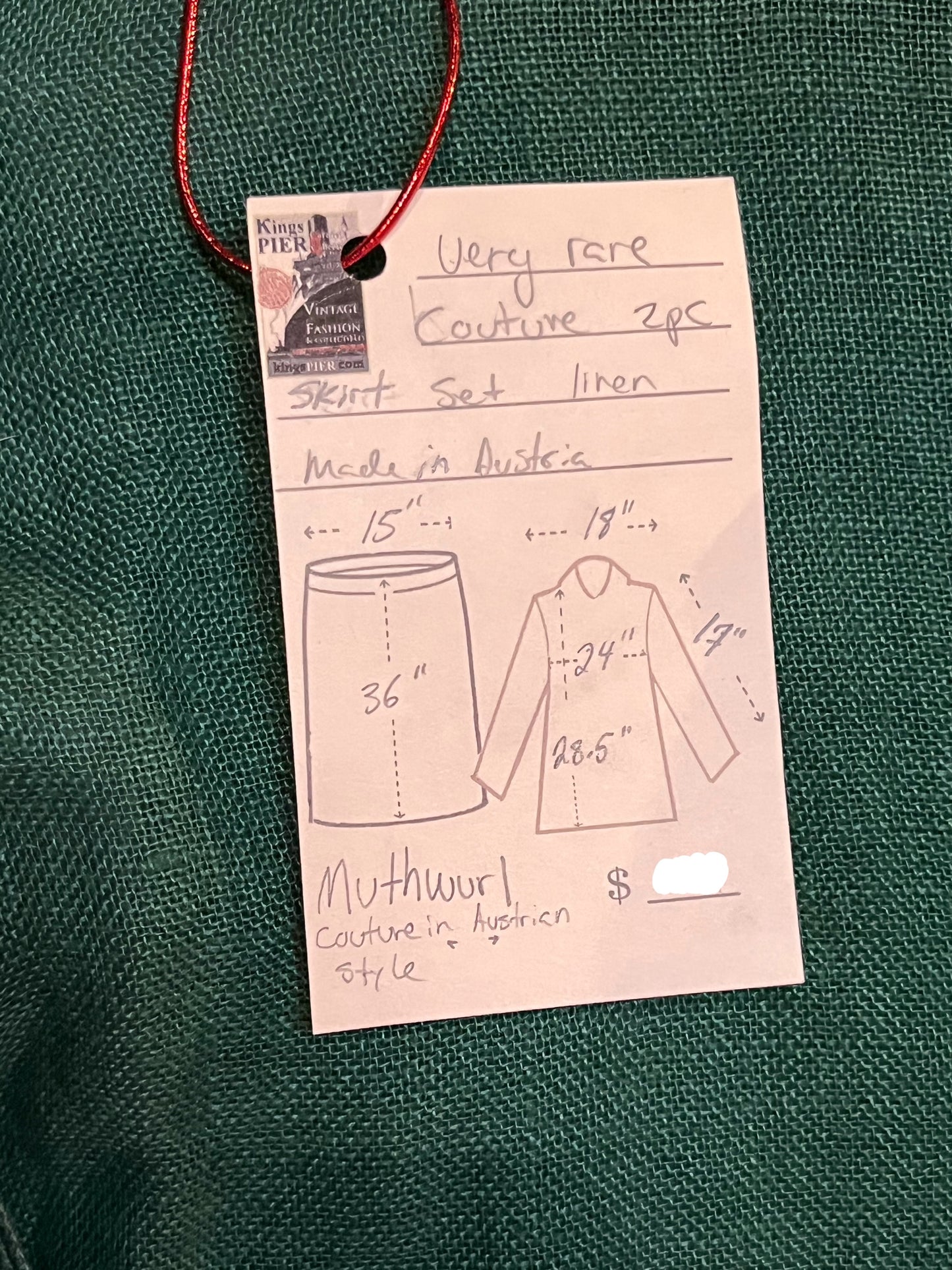 Very Rare Vintage Mothwurf Couture Green Linen 2pc Ensemble, Made in Austria, Size 42
