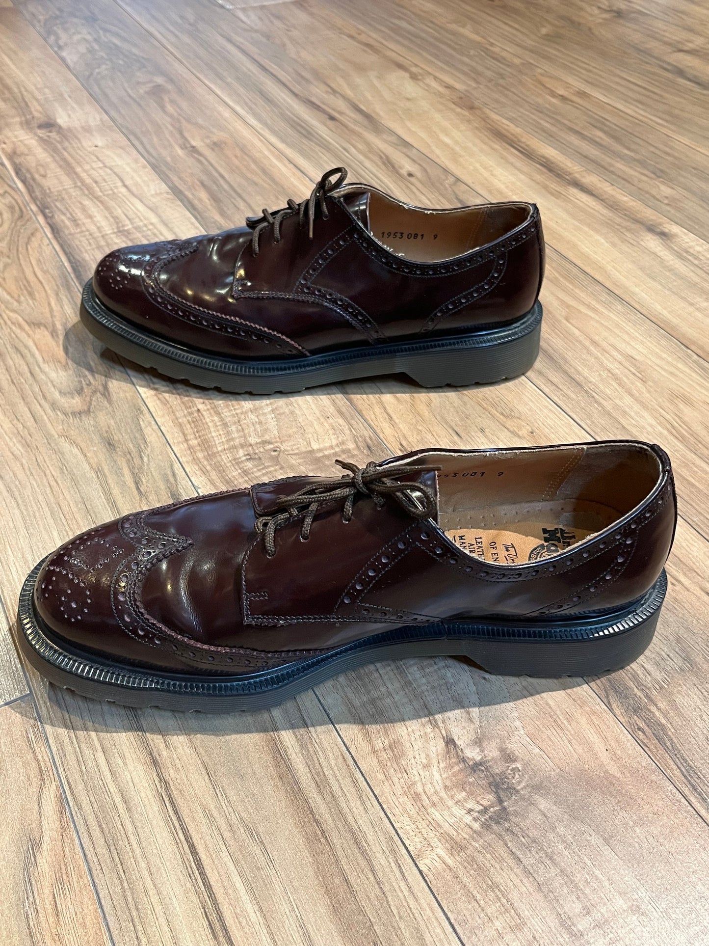 Vintage Doc Martens Oxblood Wingtip Brogue Oxford Shoes, Made in England, Size UK 9, EUR 43, US Men’s 10