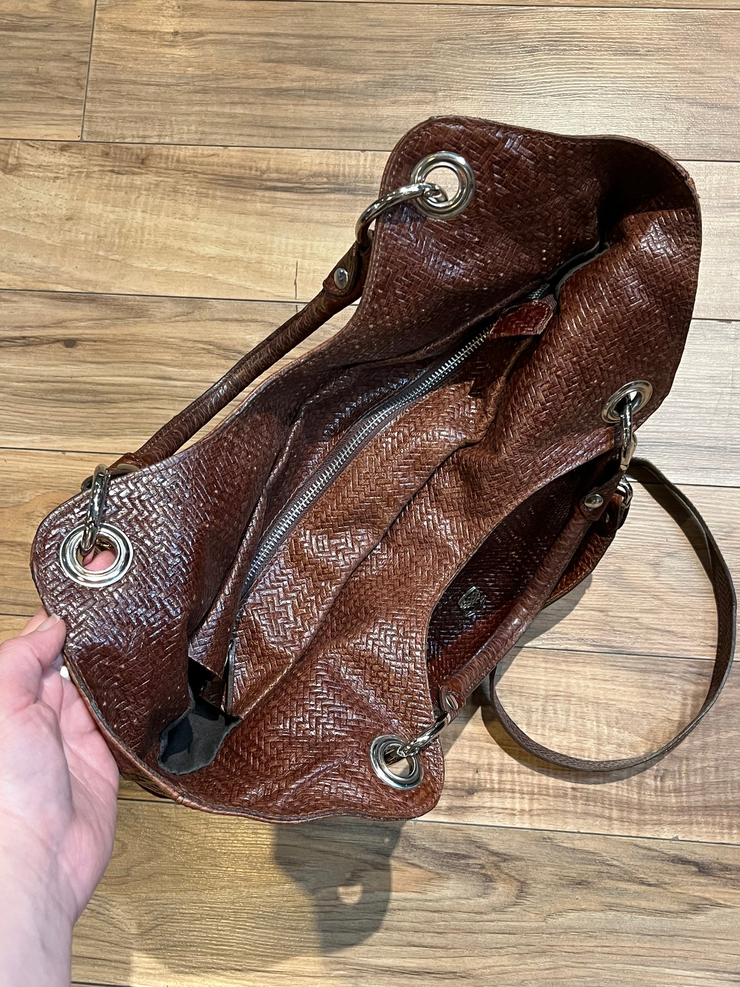 Vintage Navyboot Brown Embossed Woven Leather Handbag