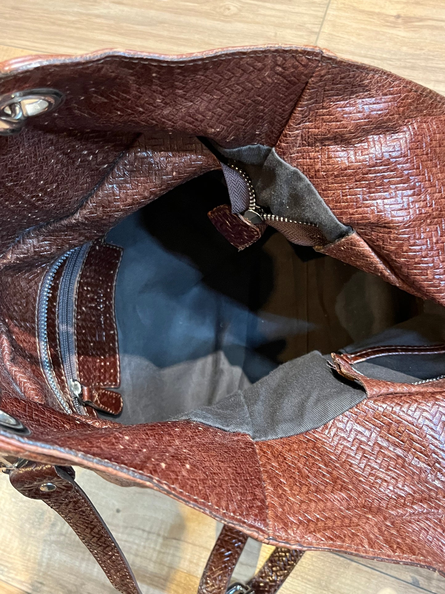 Vintage Navyboot Brown Embossed Woven Leather Handbag