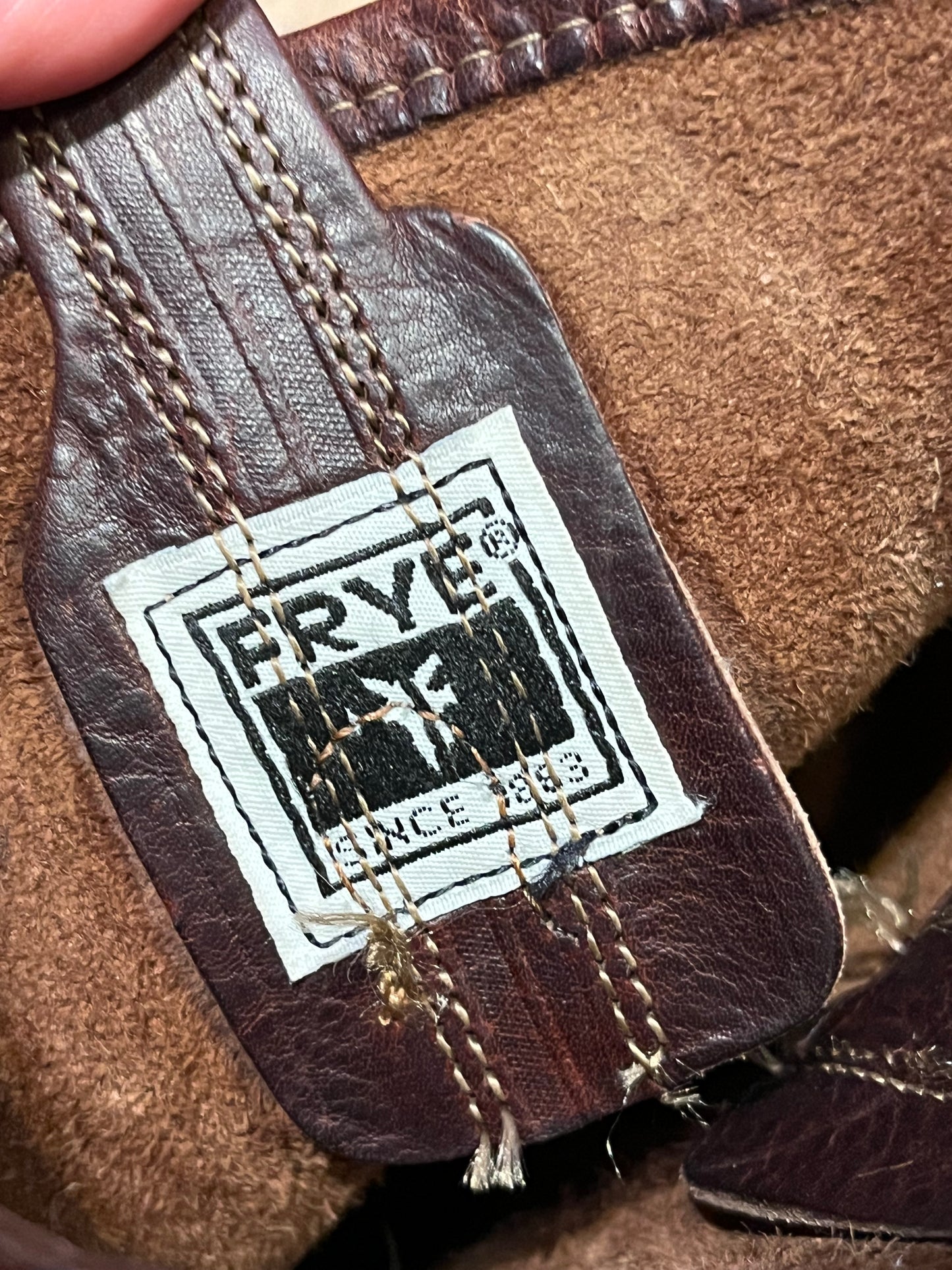 Vintage Frye brown harness boots with chisel toe, full grain leather upper and synthetic sole. Made in USA Size 7.5 US Women