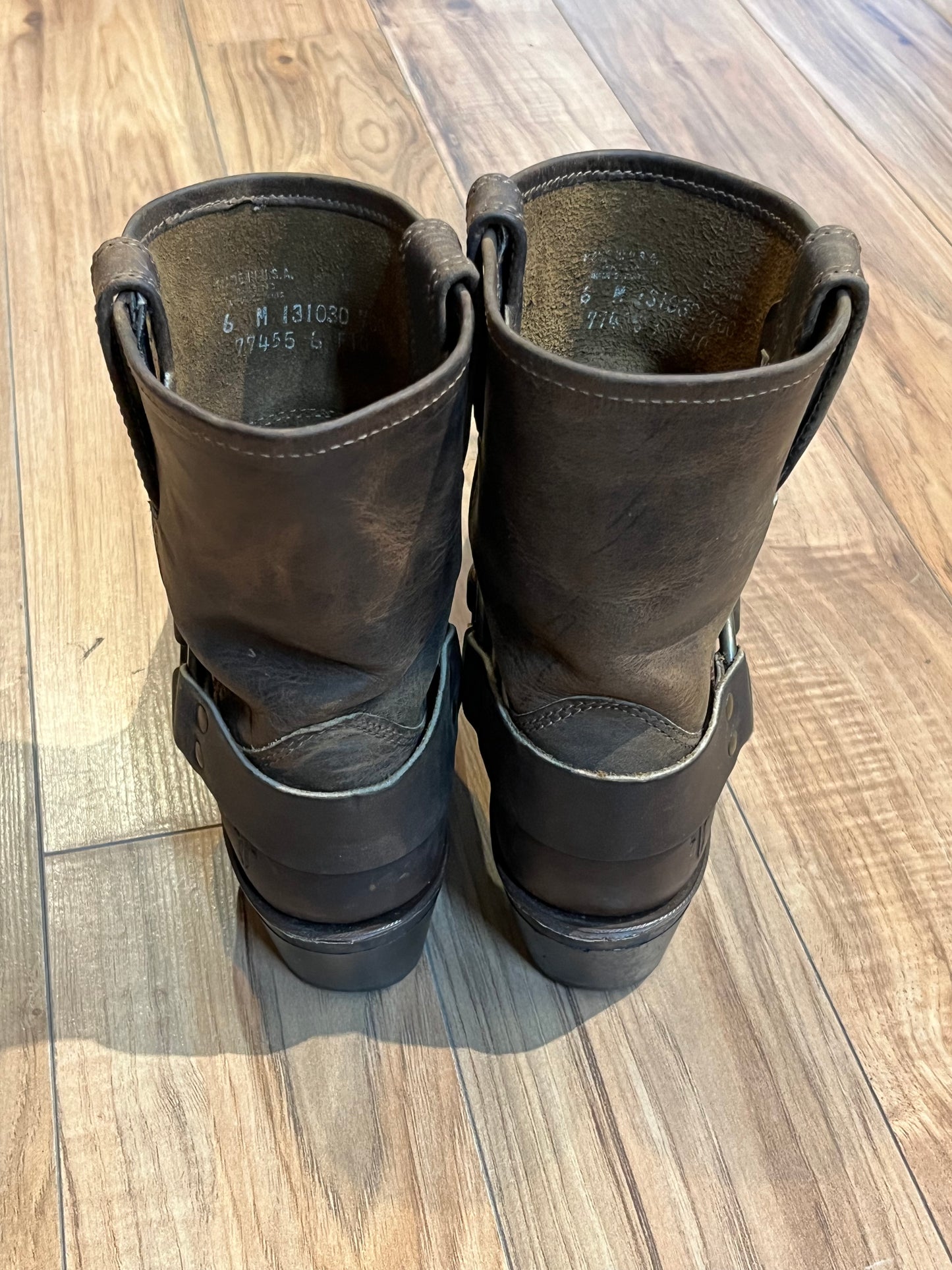 Vintage Frye ankle harness boots with chisel toe, full grain leather upper and synthetic sole. Made in USA Size 6 US women