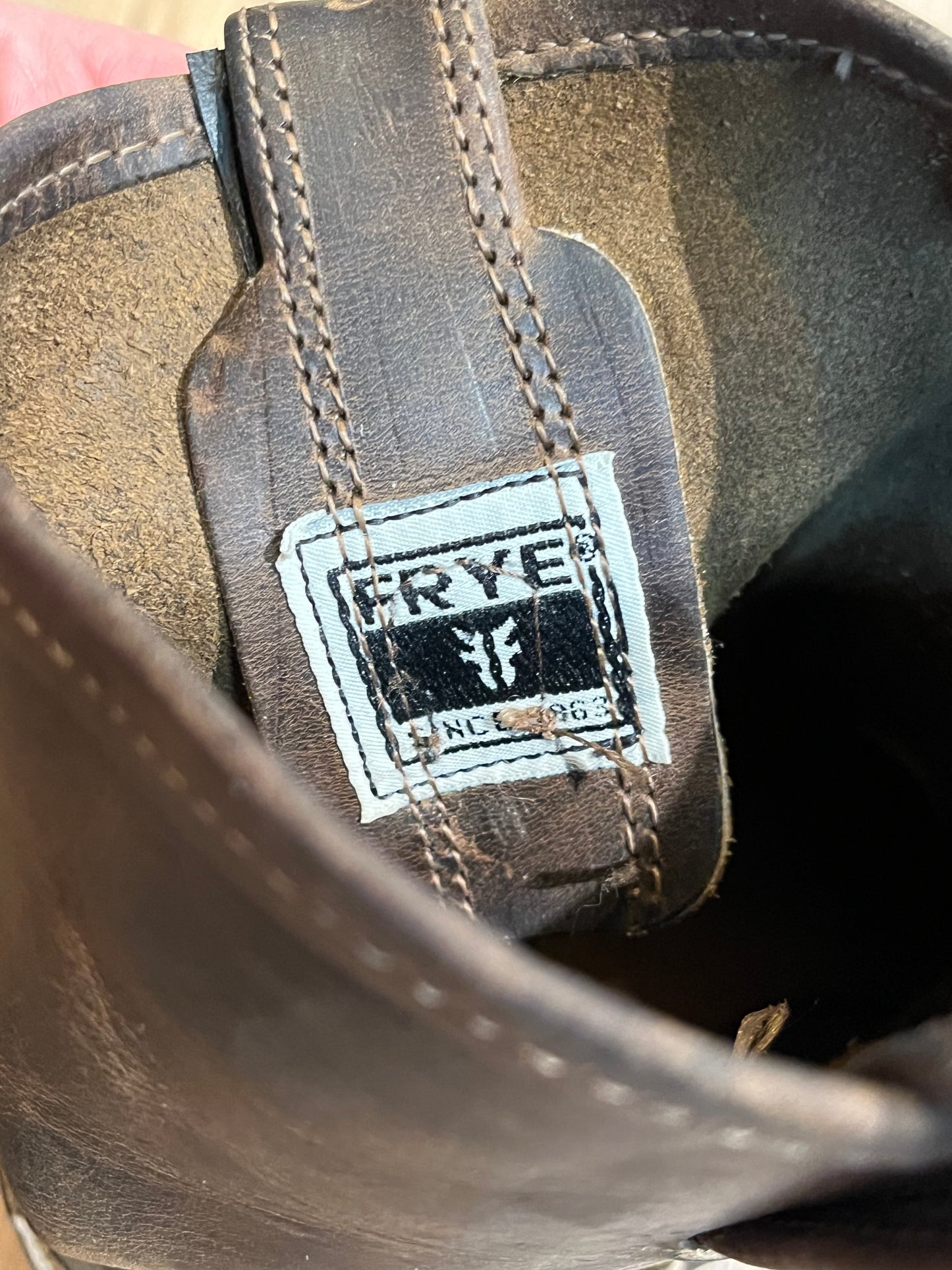 Vintage Frye ankle harness boots with chisel toe, full grain leather upper and synthetic sole. Made in USA Size 6 US women