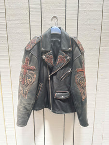 Vintage Bootmaster Skull and Gator Black Leather Motorcycle Jacket, Made in Mexico, Size Large SOLD