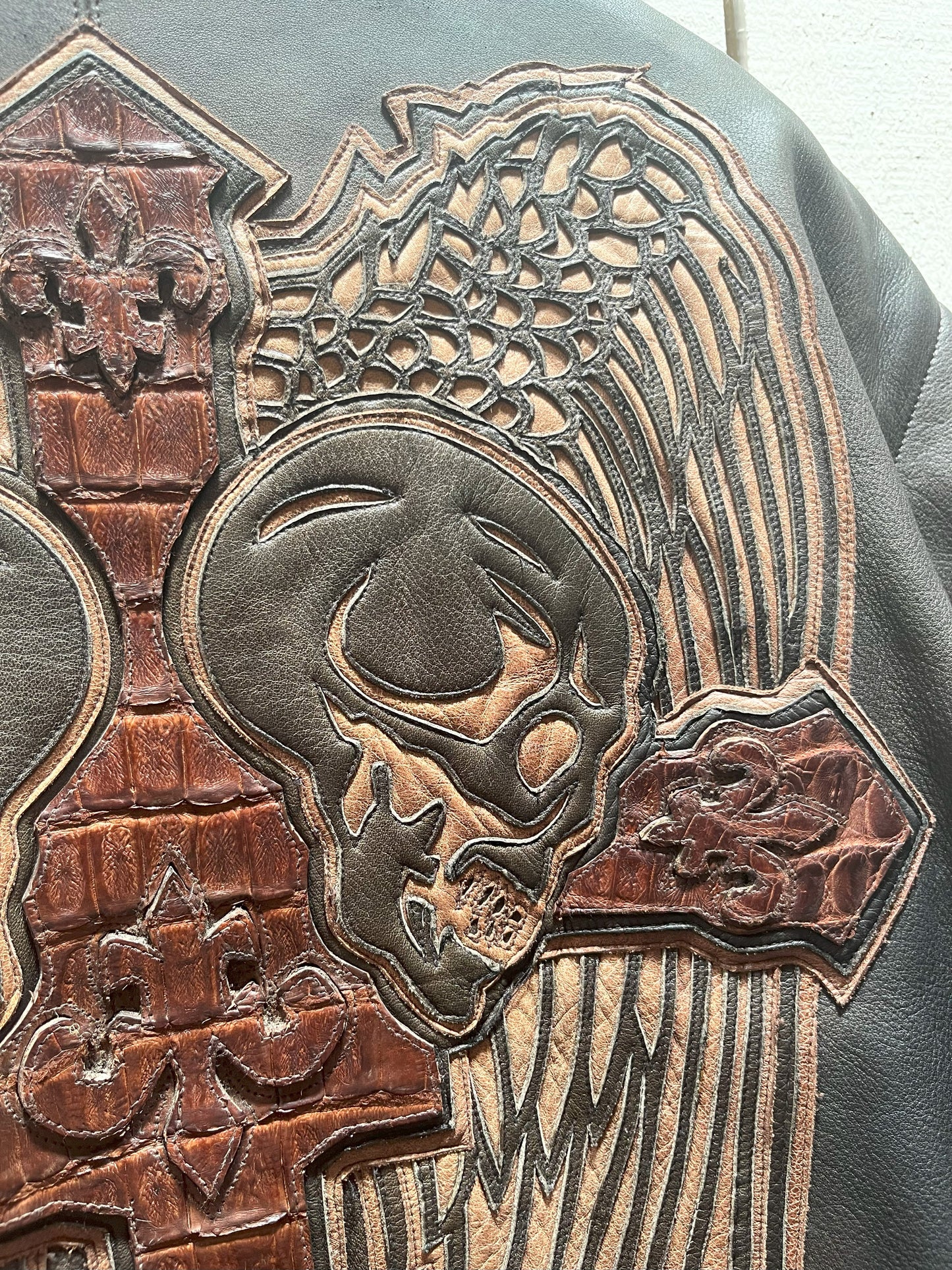 Vintage Bootmaster Skull and Gator Black Leather Motorcycle Jacket, Made in Mexico, Size Large SOLD