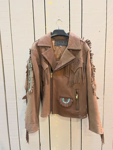 Vintage Volcano Nubuck Leather Light Brown Fringe Motorcycle Jacket, Made in Mexico, Size XL SOLD
