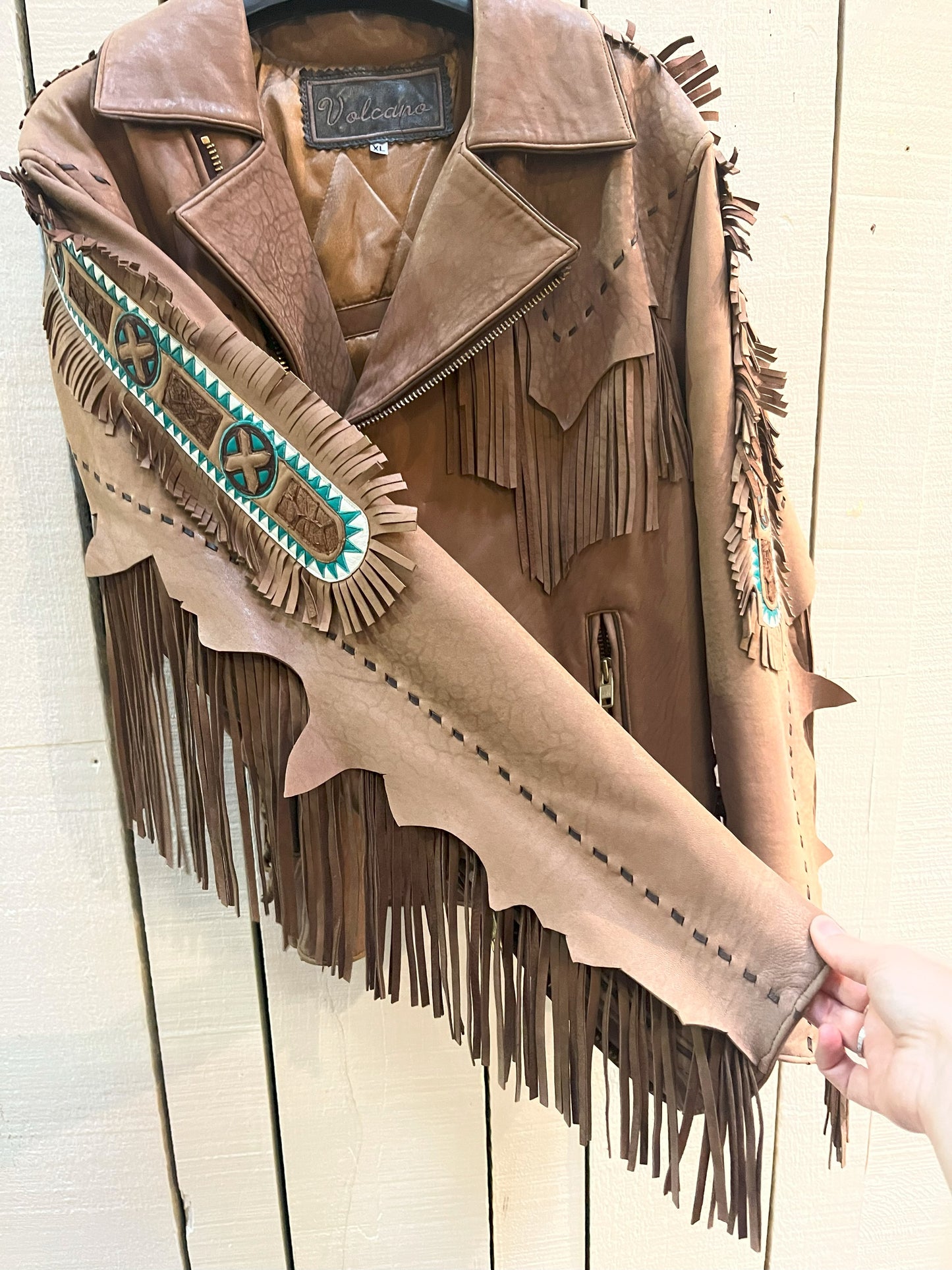 Vintage Volcano Nubuck Leather Light Brown Fringe Motorcycle Jacket, Made in Mexico, Size XL SOLD