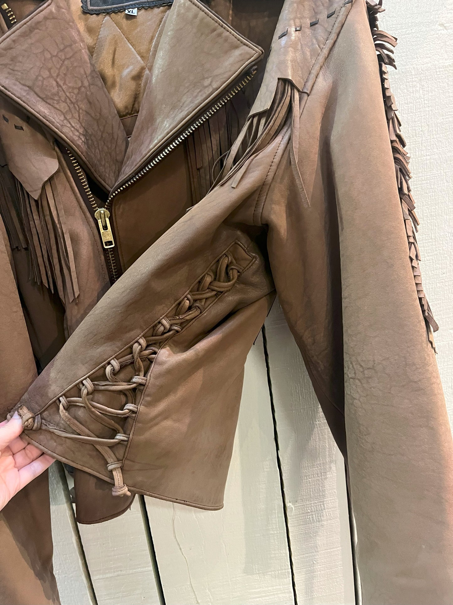 Vintage Volcano Nubuck Leather Light Brown Fringe Motorcycle Jacket, Made in Mexico, Size XL SOLD