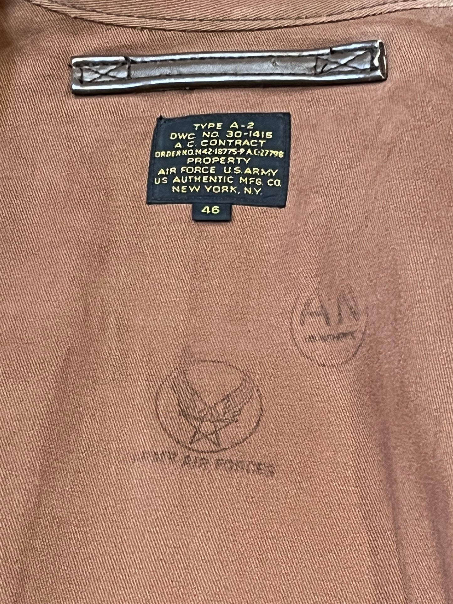 Authentic Vintage A-2 DWC-30-1415 Falcon Brown Leather US Air Force Flight Jacket, Made in USA, Size 46