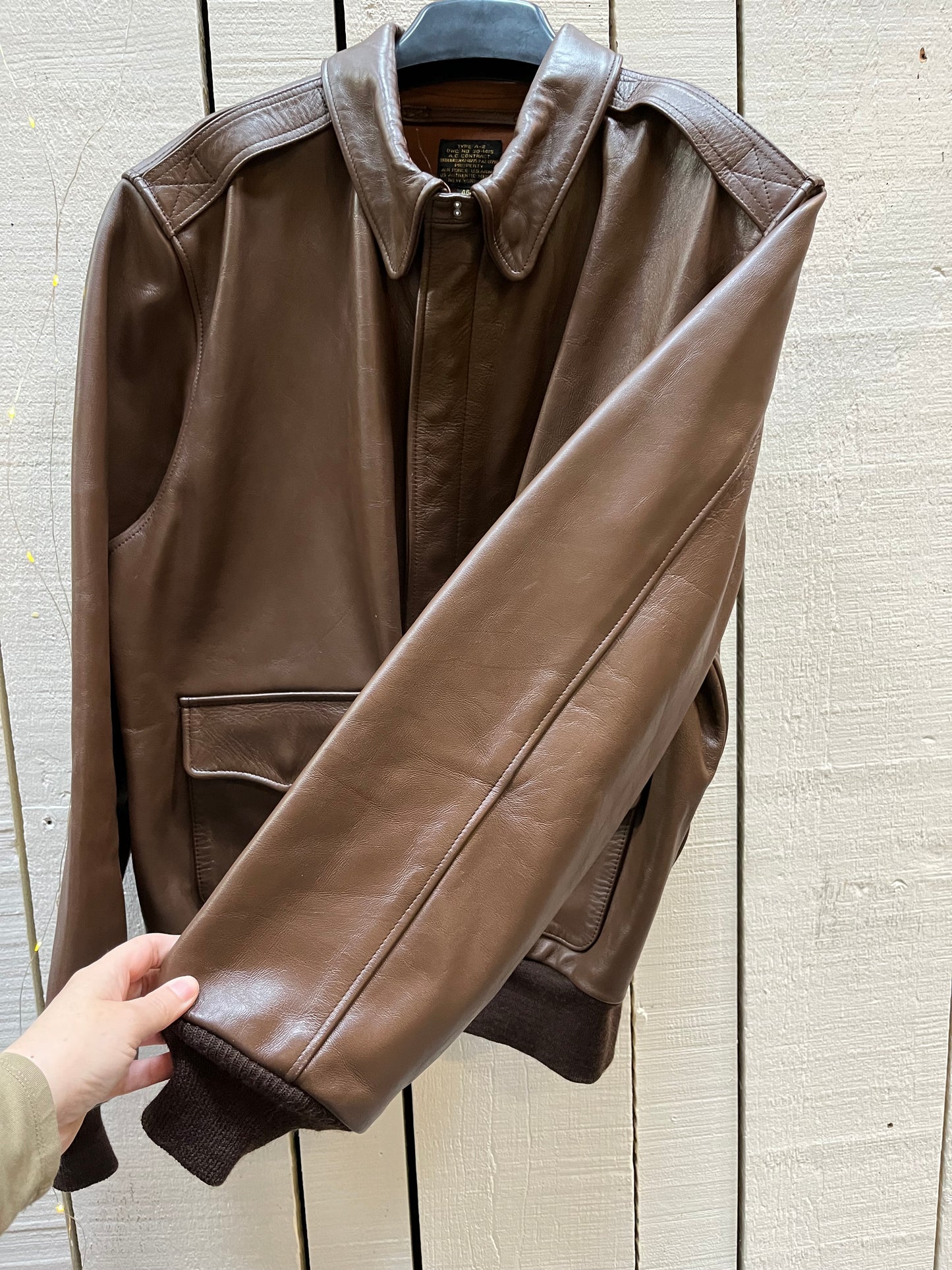Authentic Vintage A-2 DWC-30-1415 Falcon Brown Leather US Air Force Flight Jacket, Made in USA, Size 46