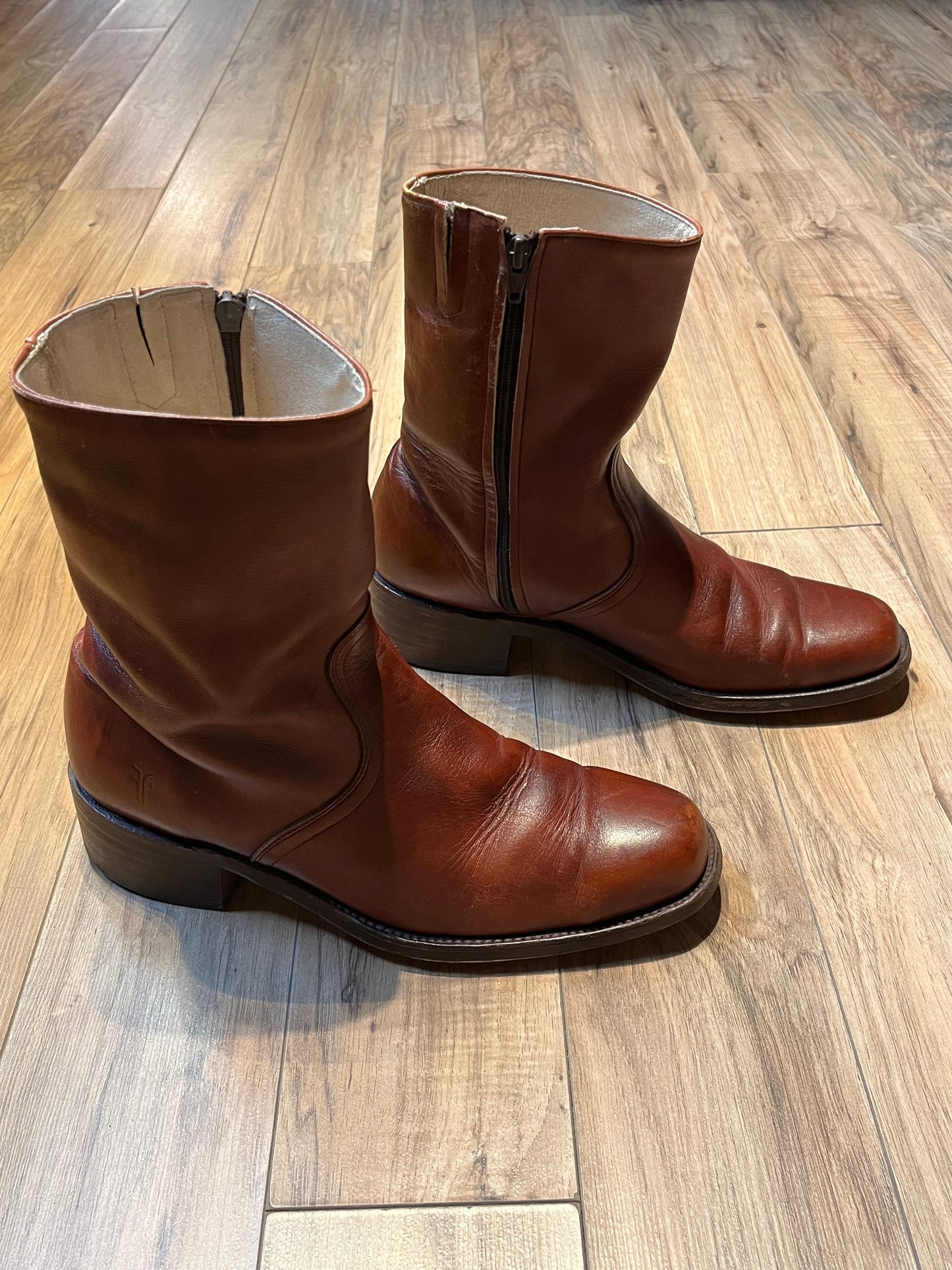 Vintage Frye Cognac Zip Boots, Made in USA, Size US Mens 11D