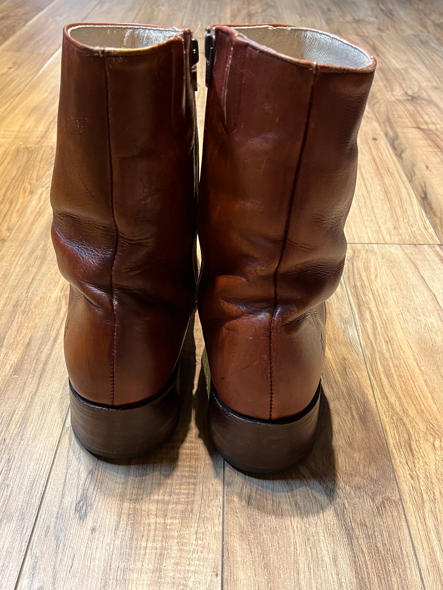 Vintage Frye Cognac Zip Boots, Made in USA, Size US Mens 11D