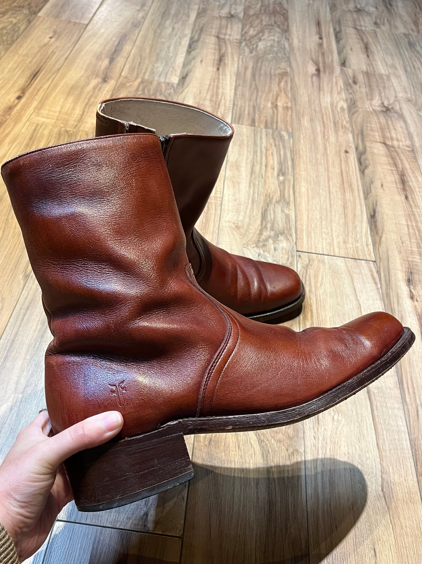 Vintage Frye Cognac Zip Boots, Made in USA, Size US Mens 11D