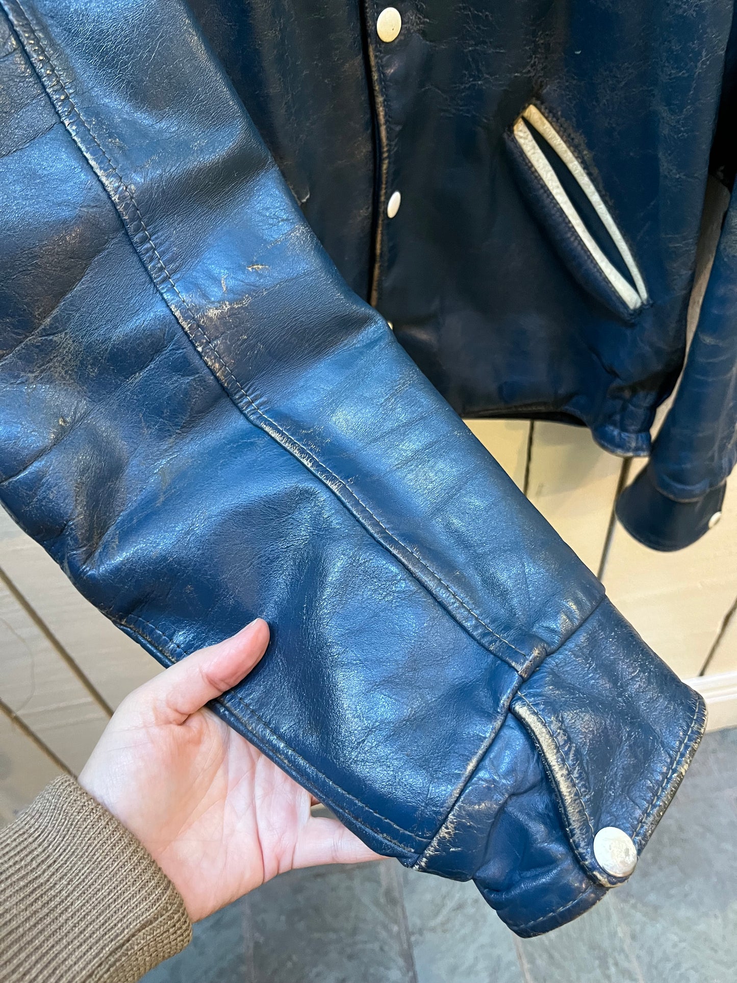 Vintage Blue and White Leather Varsity Jacket, King's College (now known as University of King's College). Made in Canada, Chest 44”