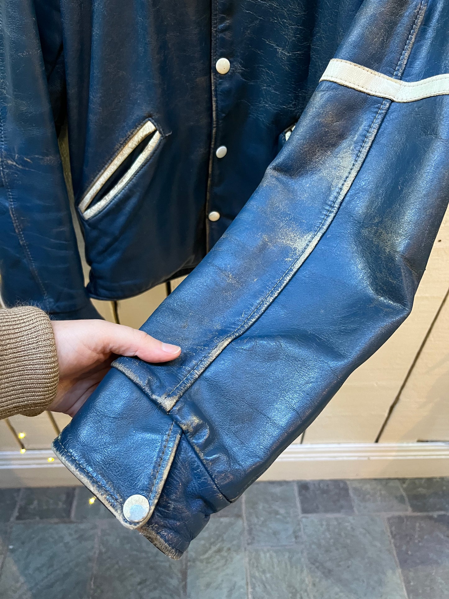 Vintage Blue and White Leather Varsity Jacket, King's College (now known as University of King's College). Made in Canada, Chest 44”