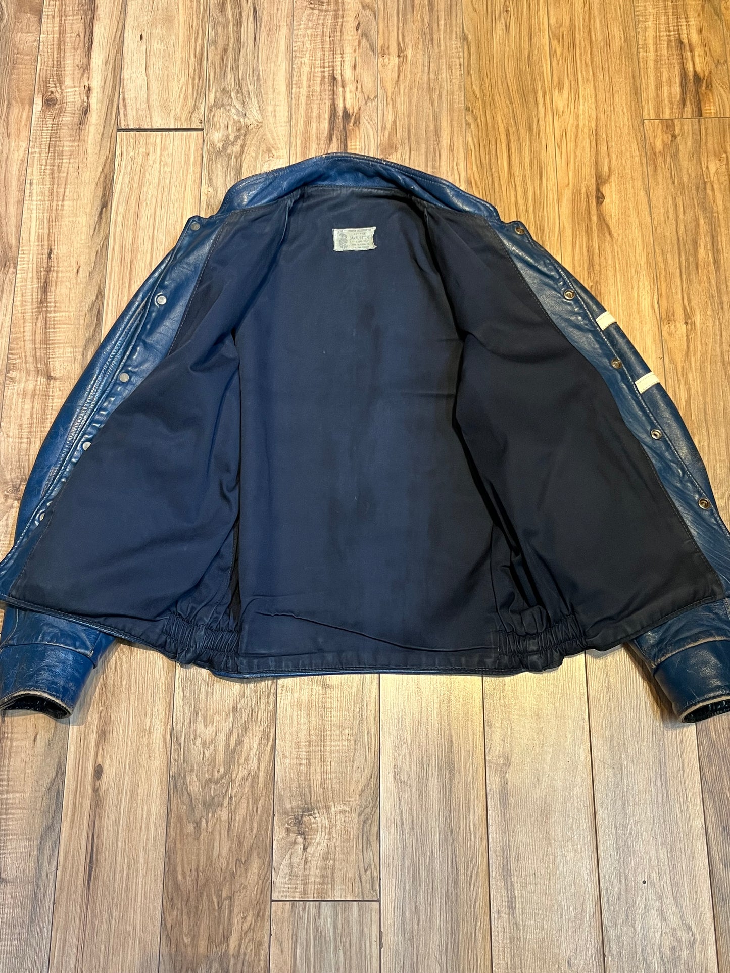 Vintage Blue and White Leather Varsity Jacket, King's College (now known as University of King's College). Made in Canada, Chest 44”