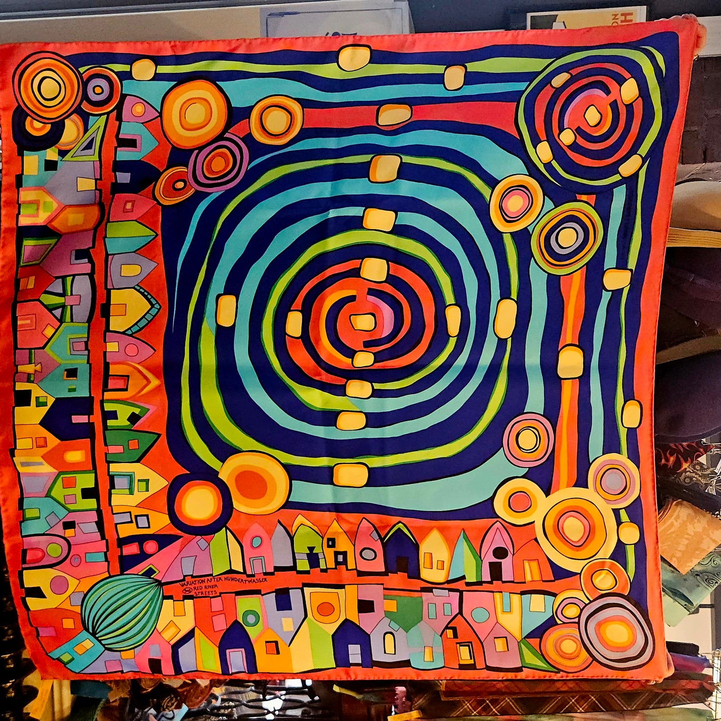 Rare Vintage Luxury Silk Frey Wille : Variation After Hundertwasser - 905 - Red River Streets - consignee proceeds to Souls Harbour