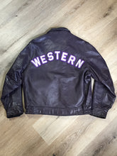 Load image into Gallery viewer, Kingspier Vintage - Western University leather varsity jacket in deep purple with slash pockets and snap closures, emblem embroidered on the chest and “Western” written across the back.
