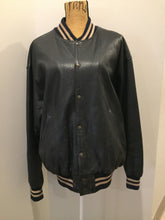 Load image into Gallery viewer, Kingspier Vintage - Roots leather varsity jacket in black with blue and brown ribbing, snap closures and slash pockets. Size large.
