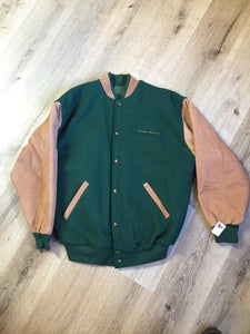 Kingspier Vintage - Piper leather/mouton varsity jacket in green and brown with “Aviation Limited” written on the chest and “Piper” written on the back, snap closures, slash pockets, quilted lining and inside pocket. Made in Canada.