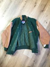Load image into Gallery viewer, Kingspier Vintage - Piper leather/mouton varsity jacket in green and brown with “Aviation Limited” written on the chest and “Piper” written on the back, snap closures, slash pockets, quilted lining and inside pocket. Made in Canada.
