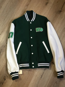 Kingspier Vintage - Roots “Sobey’s Centenary Anniversary” ’07 varsity jacket in green and white with snap closures, slash pockets, knit trim, embroidered “100” emblem on the chest and “07” on the arm.