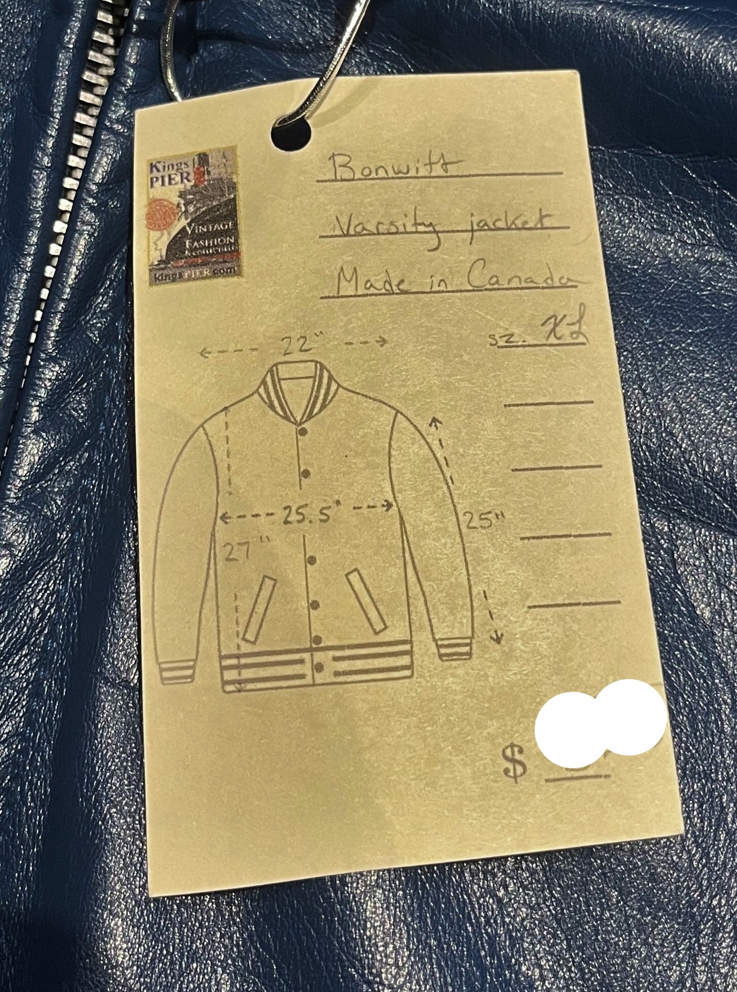 Bonwitt of Winnipeg blue and yellow leather varsity jacket.
Jacket features a zipper closure, two front pockets and a quilted lining.
Made in Canada.
Size XL