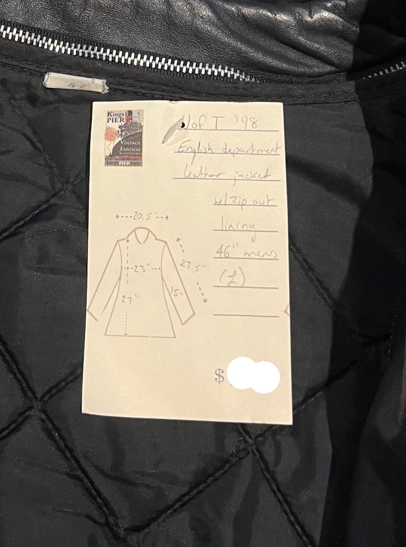 Vintage University of Toronto 1998 English Department Leather Varsity Jacket.
Jacket features embroidered details on the chest, arms and back, two front pockets, zipper and snap closures and a zip out quilted lining.
Size 46.