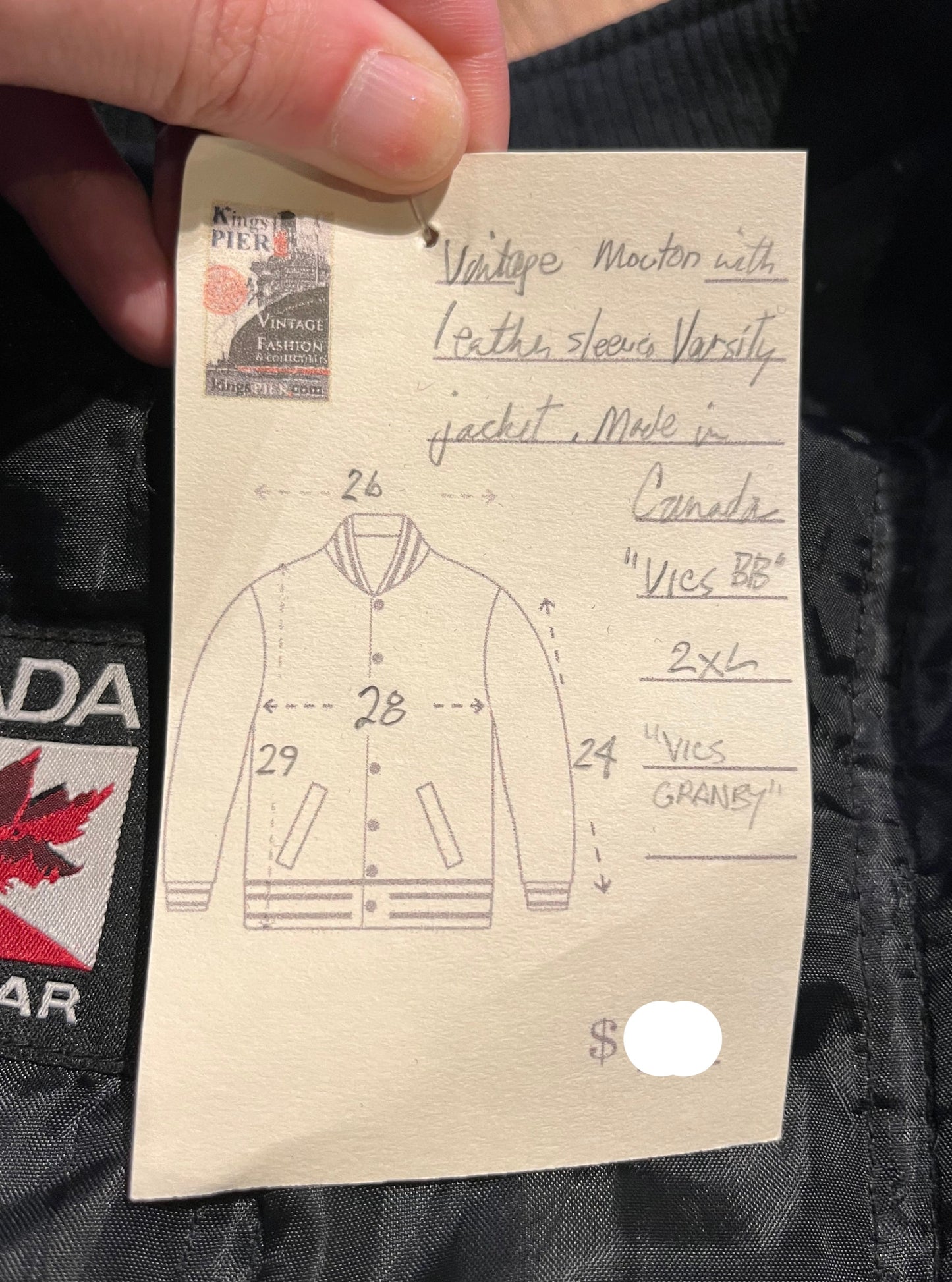 Vintage Vics BB Granby Hockey Varsity Jacket by Canada Sportswear.
Black mouton with leather sleeves, snap closures, two front pockets and a quilted lining.
Made in India.
Size 2XL.