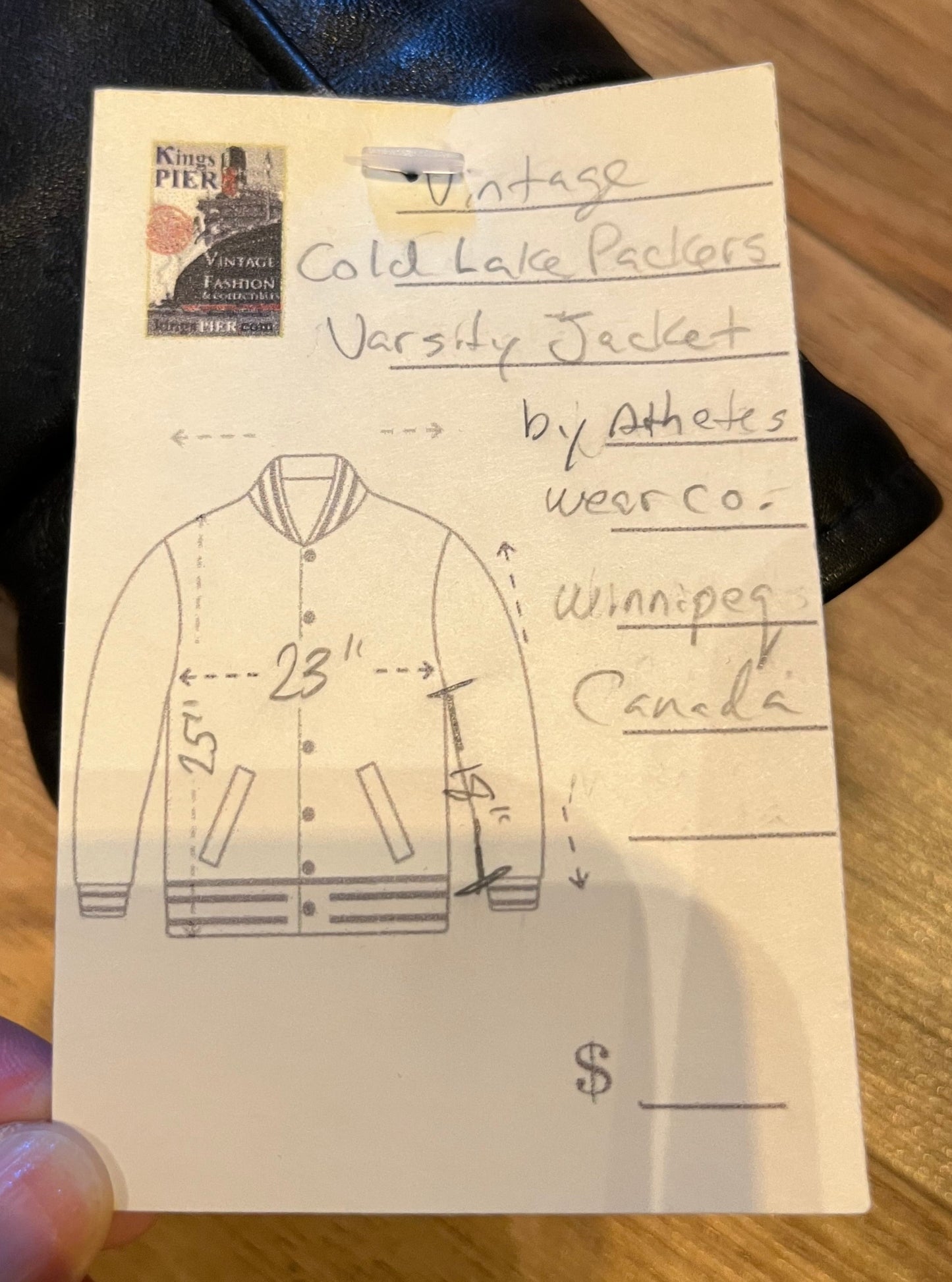 Vintage Cold Lake Packers Leather Varsity Jacket by Athletes Wear Co. LTD.
Jacket features embroidered detail on the chest, two front pockets and snap closures.
Made in Canada.
Chest 46”.