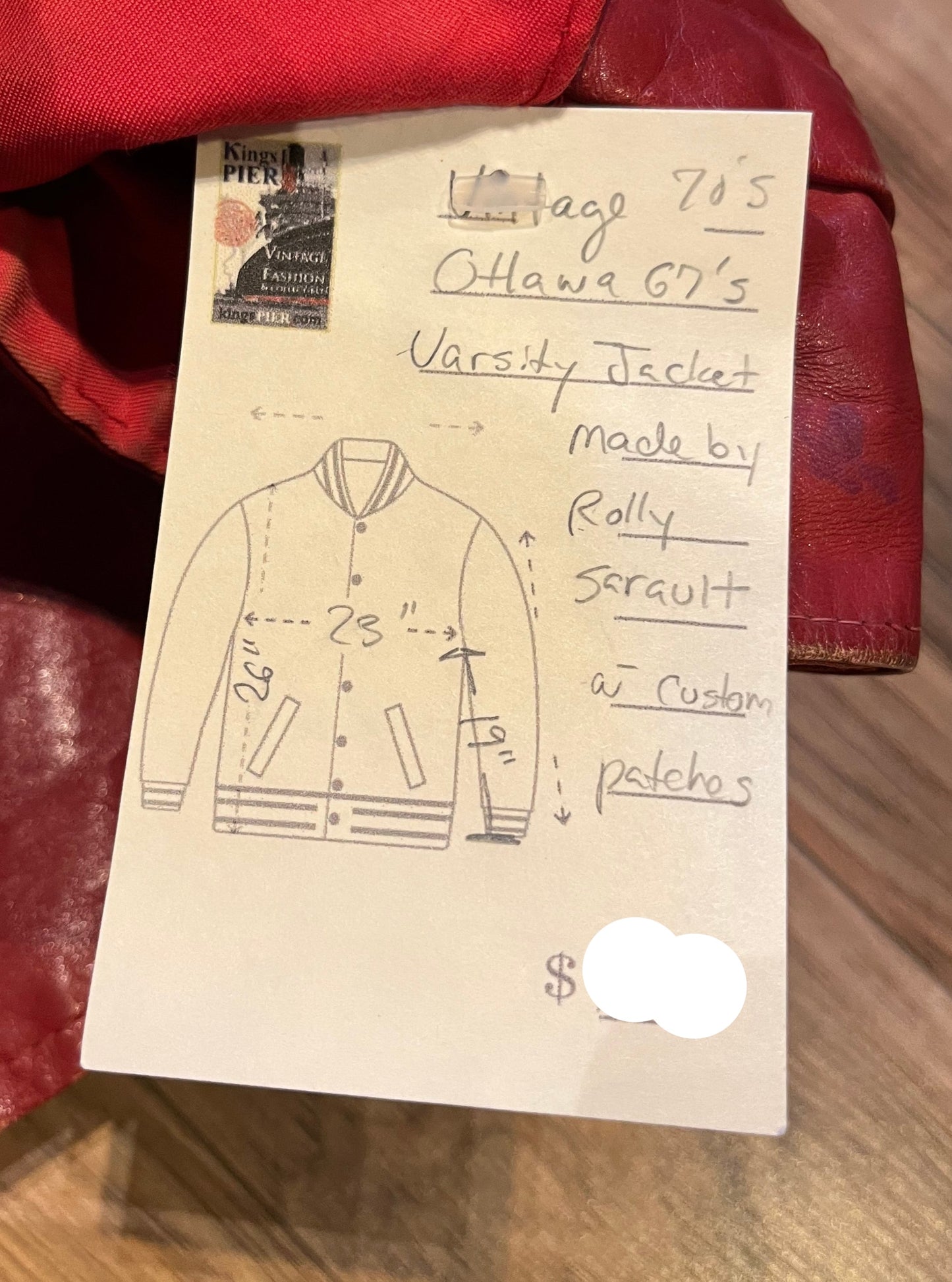 Vintage 70’s Ottawa 67s Red Leather Varsity Jacket by Rolly Sarault.
Jacket features embroidered details on the chest, snap closures, quilted lining and two front pockets.
Made in Canada.
Chest 46”.