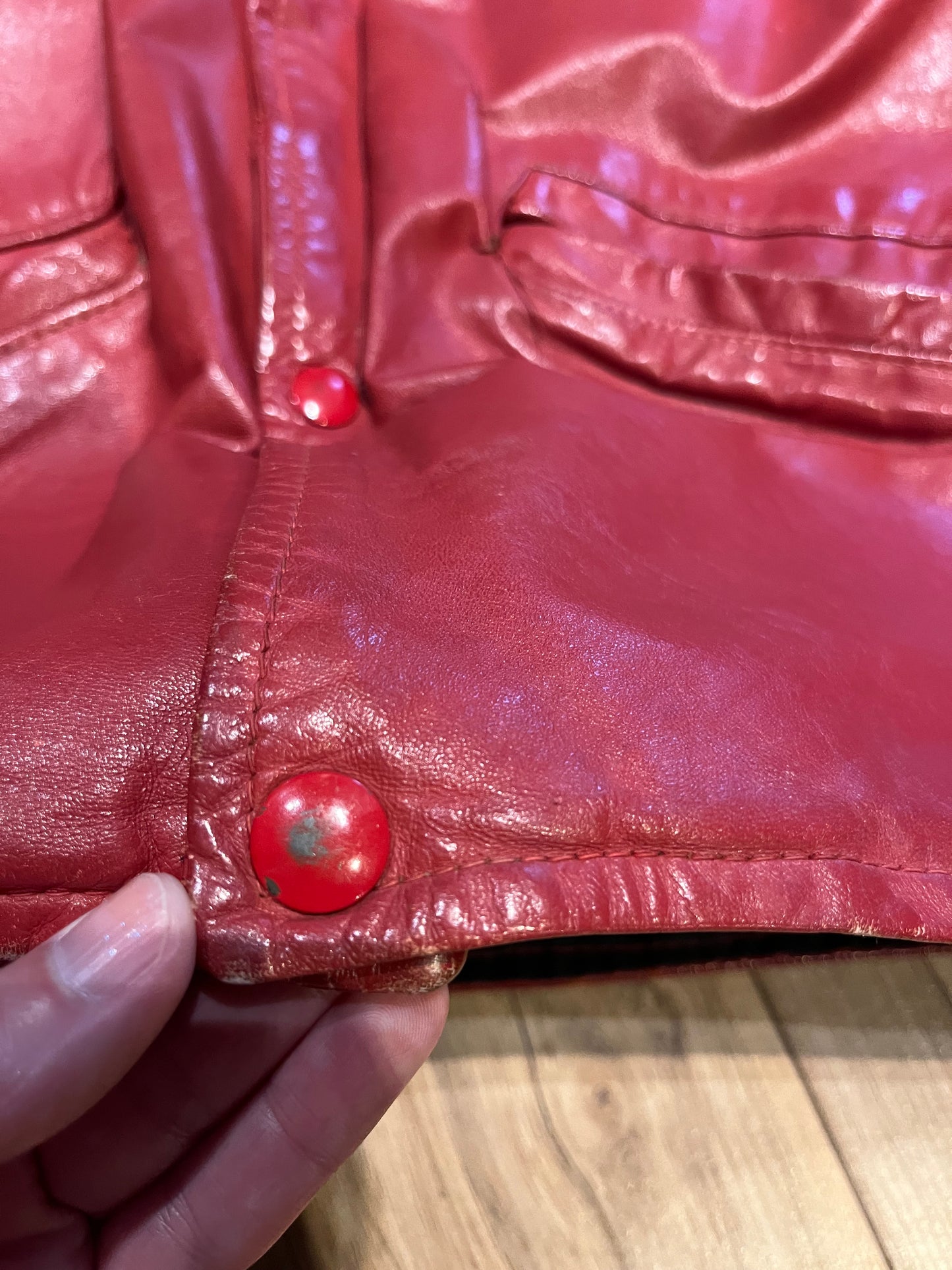 Vintage 70’s Ottawa 67s Red Leather Varsity Jacket by Rolly Sarault.
Jacket features embroidered details on the chest, snap closures, quilted lining and two front pockets.
Made in Canada.
Chest 46”.