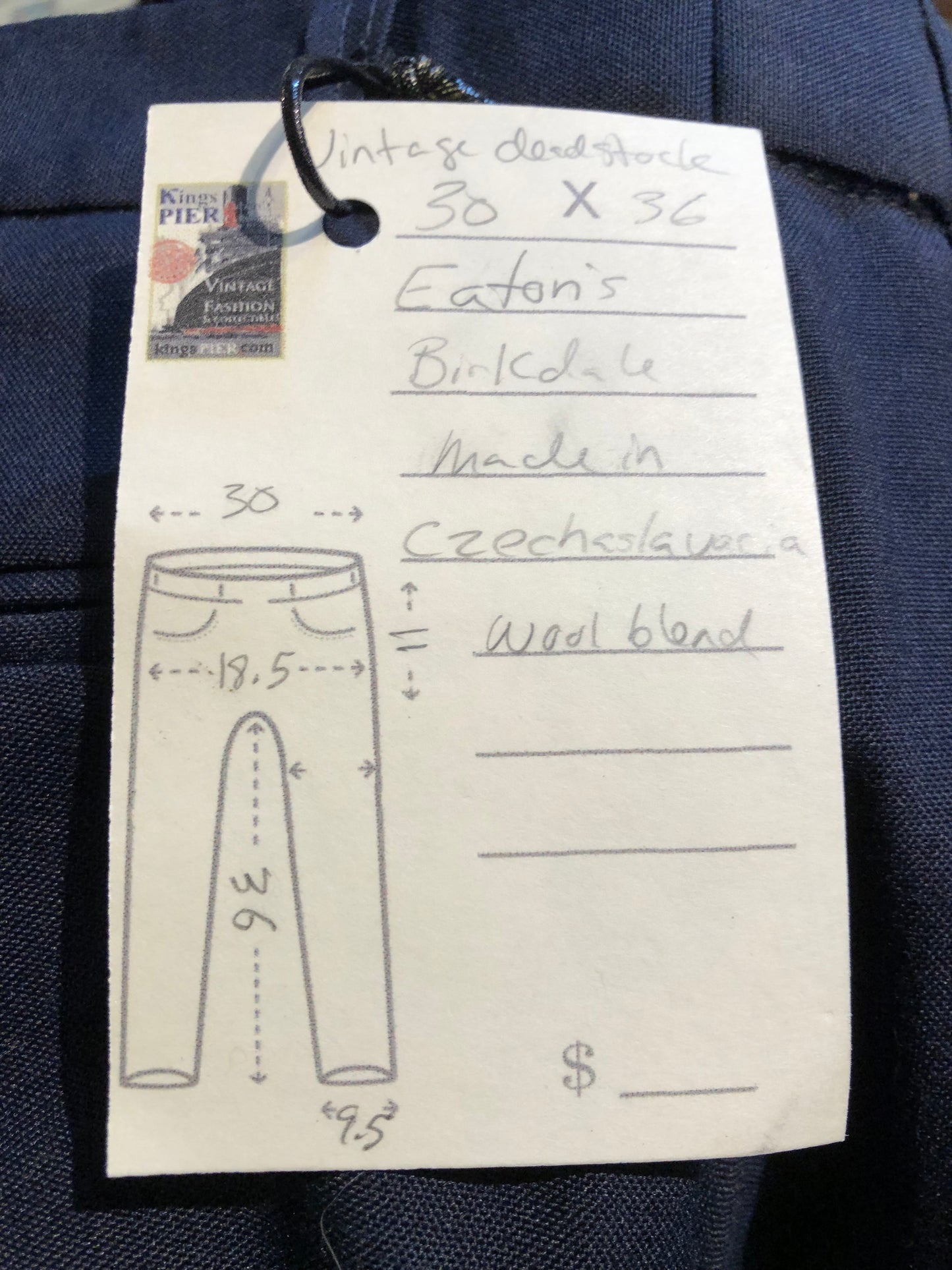 Kingspier Vintage - Logistik blue wool blend (65% wool/ 35% polyester) heavy weight dress pants with zip fly, straight leg, mid rise and front and back pockets,
Made in Canada.