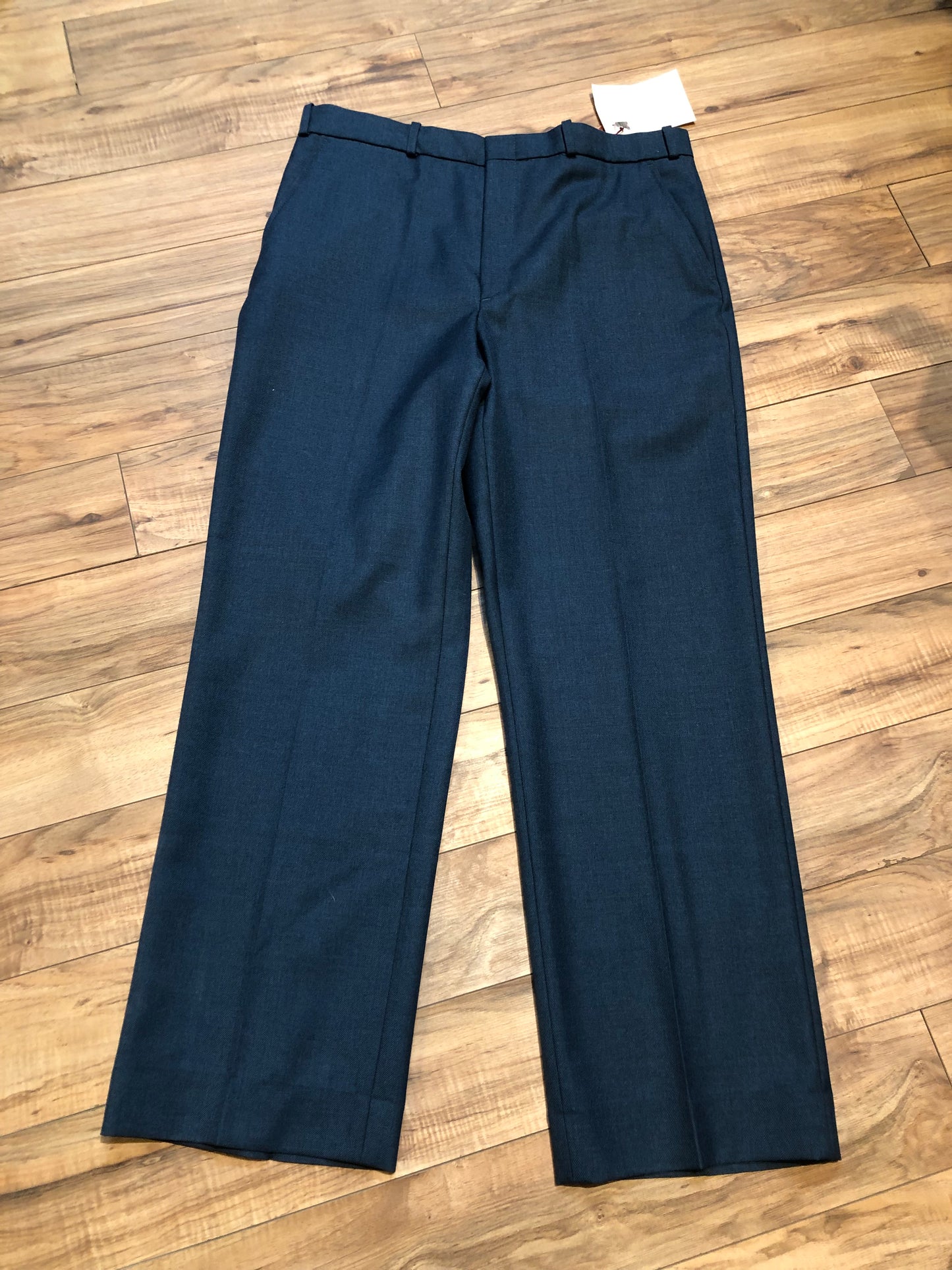 Kingspier Vintage - Logistik blue wool blend (65% wool/ 35% polyester) heavy weight dress pants with zip fly, straight leg, mid rise and front and back pockets,
Made in Canada.